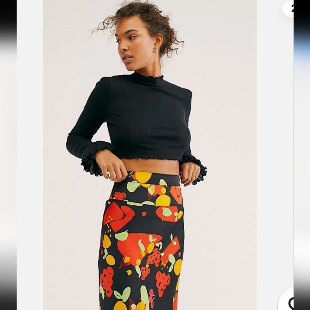 FREE PEOPLE NORMANI BIAS PRINTED MIDI SKIRT IN FRUITY POP